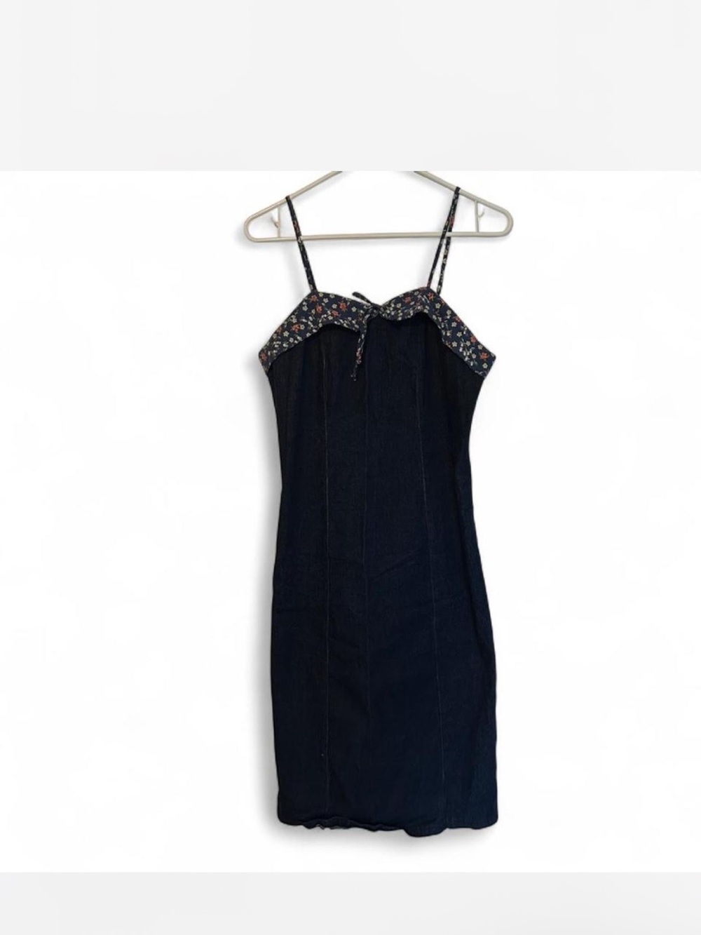 Goddess Dark Wash Denim Midi Dress with Floral Trim